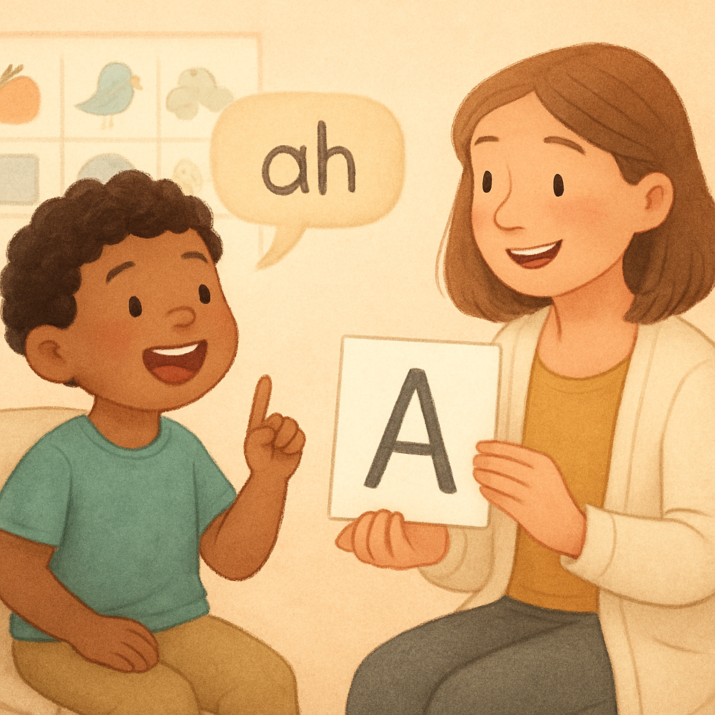 Speech therapist conducting a language assessment with a young student.