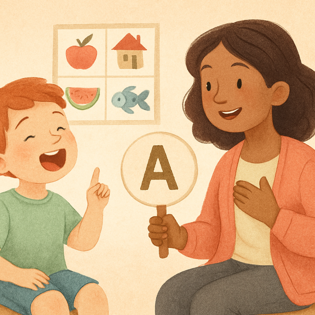 Speech-language pathologist working one-on-one with a child using picture-based speech exercises.