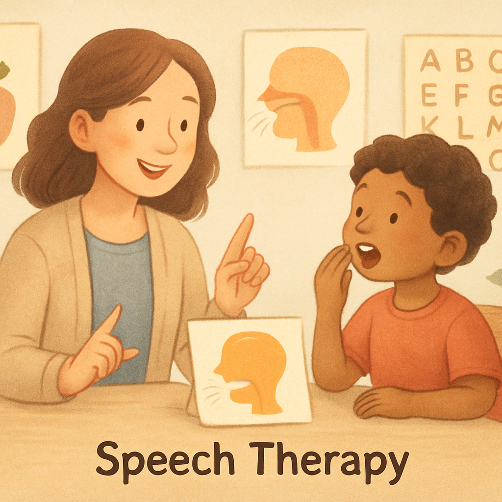 Child practicing mouth movements during a speech therapy session.