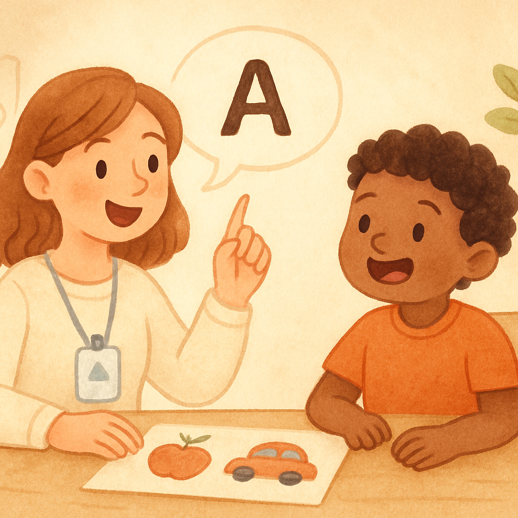 Young child smiling while participating in a speech therapy session with a therapist.