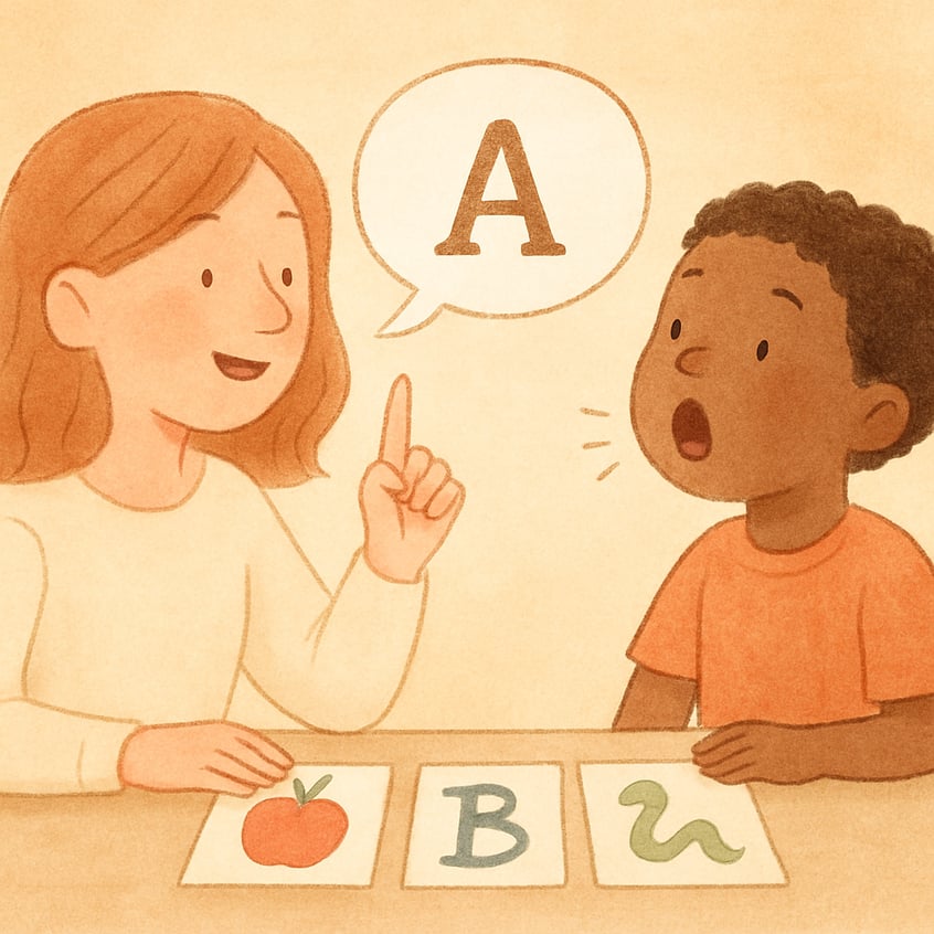 Speech-language pathologist using visual aids to support communication.