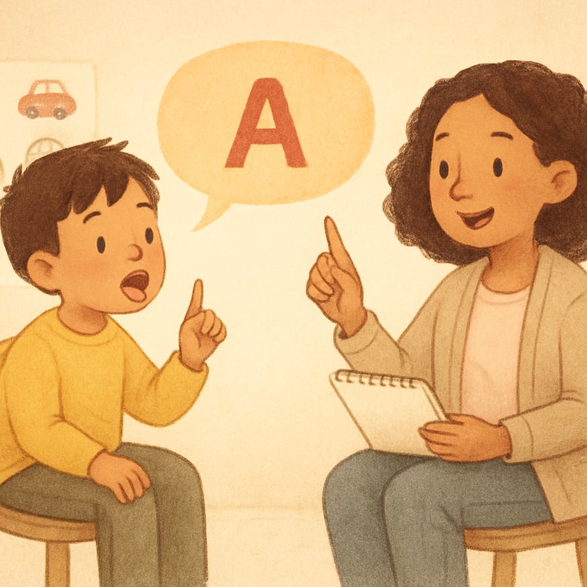 One-on-one speech therapy session in a professional therapy room.