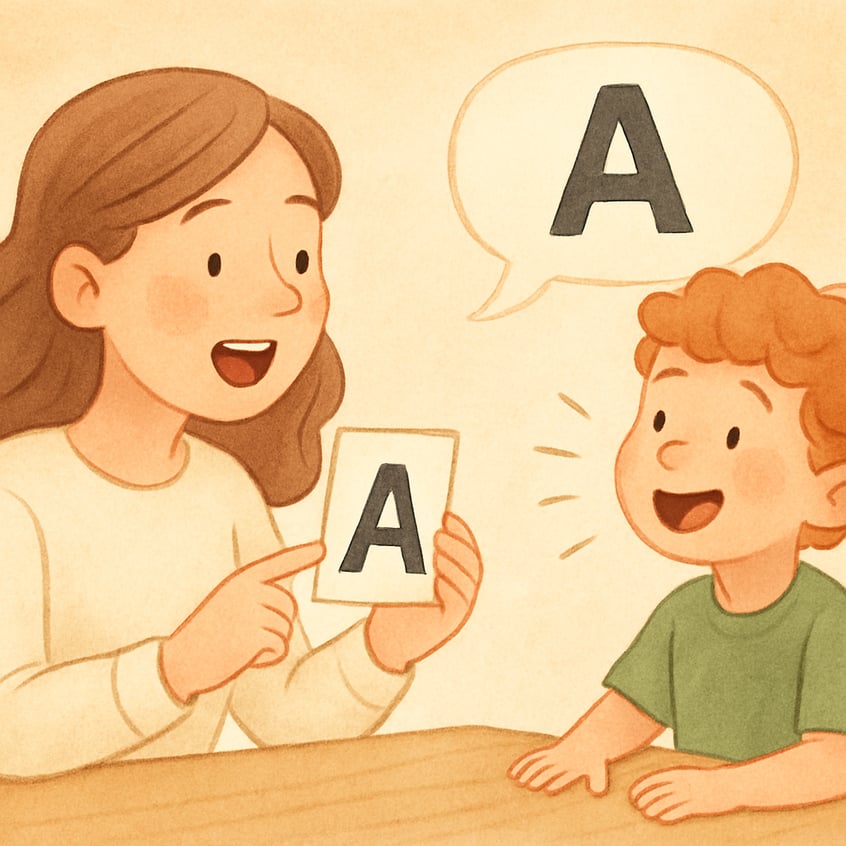 Therapist guiding a child through speech sound exercises.