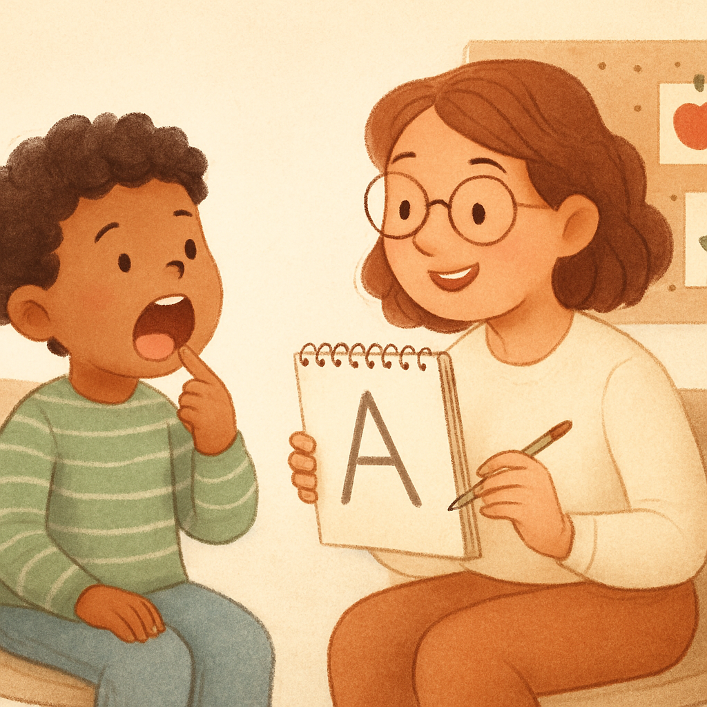 Speech therapist guiding a child through pronunciation practice using visual aids.