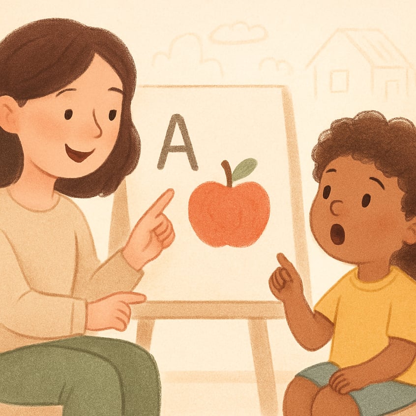 Therapist and child sitting at a table practicing speech sounds with illustrated cards.