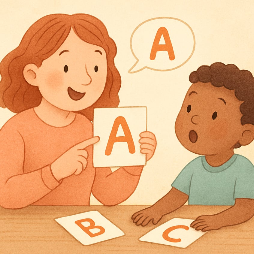 Speech therapist helping a young child practice pronunciation using picture cards in a clinic.