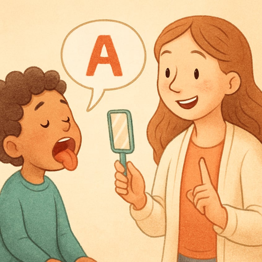 Speech-language pathologist working one-on-one with a student on speech sounds at a desk.