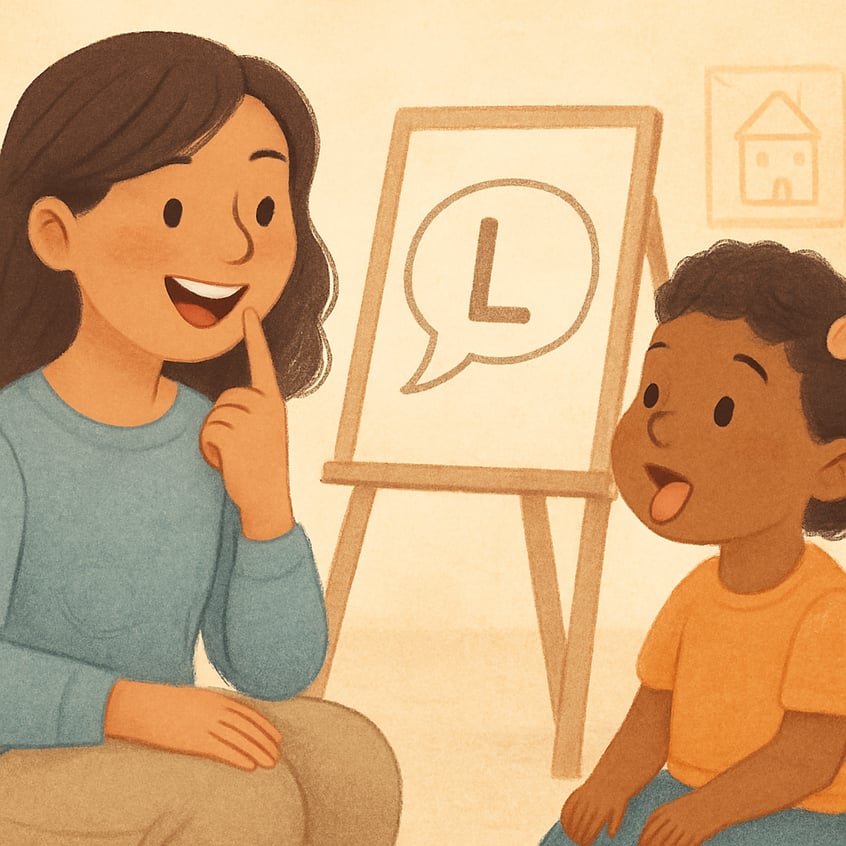 Therapist demonstrating mouth movements to help a child improve articulation skills.