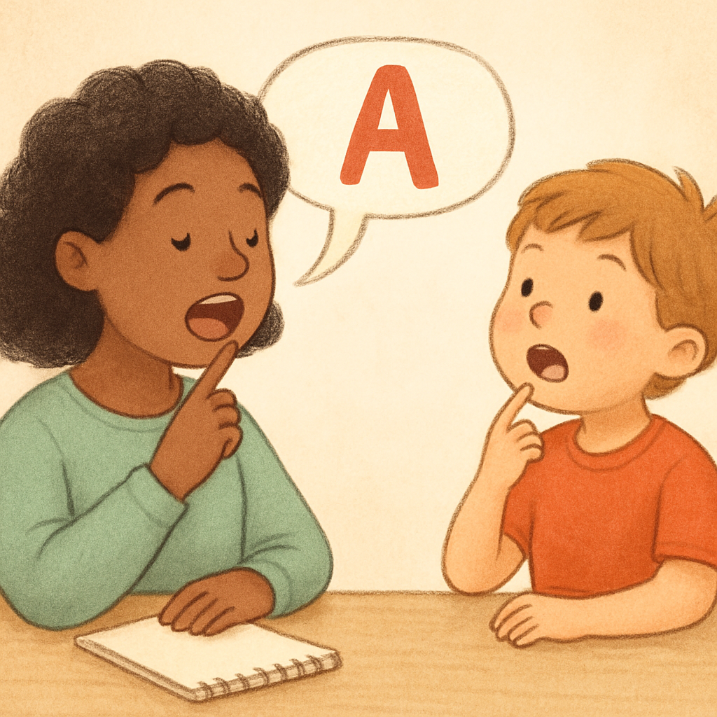 Therapist demonstrating mouth positioning to help a child pronounce difficult sounds.