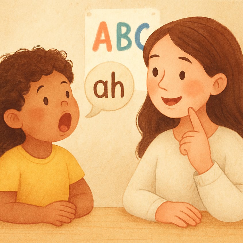 Child looking into a mirror while a speech therapist models mouth movements for articulation practice.