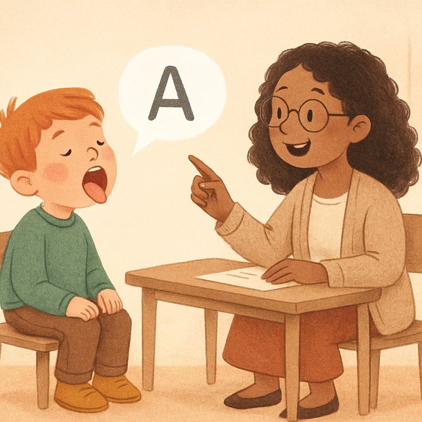 Speech therapist smiling and giving positive feedback as a child completes a speech exercise.