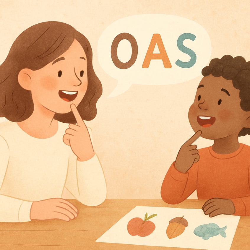 Speech-language pathologist working one-on-one with a child using picture-based speech exercises.