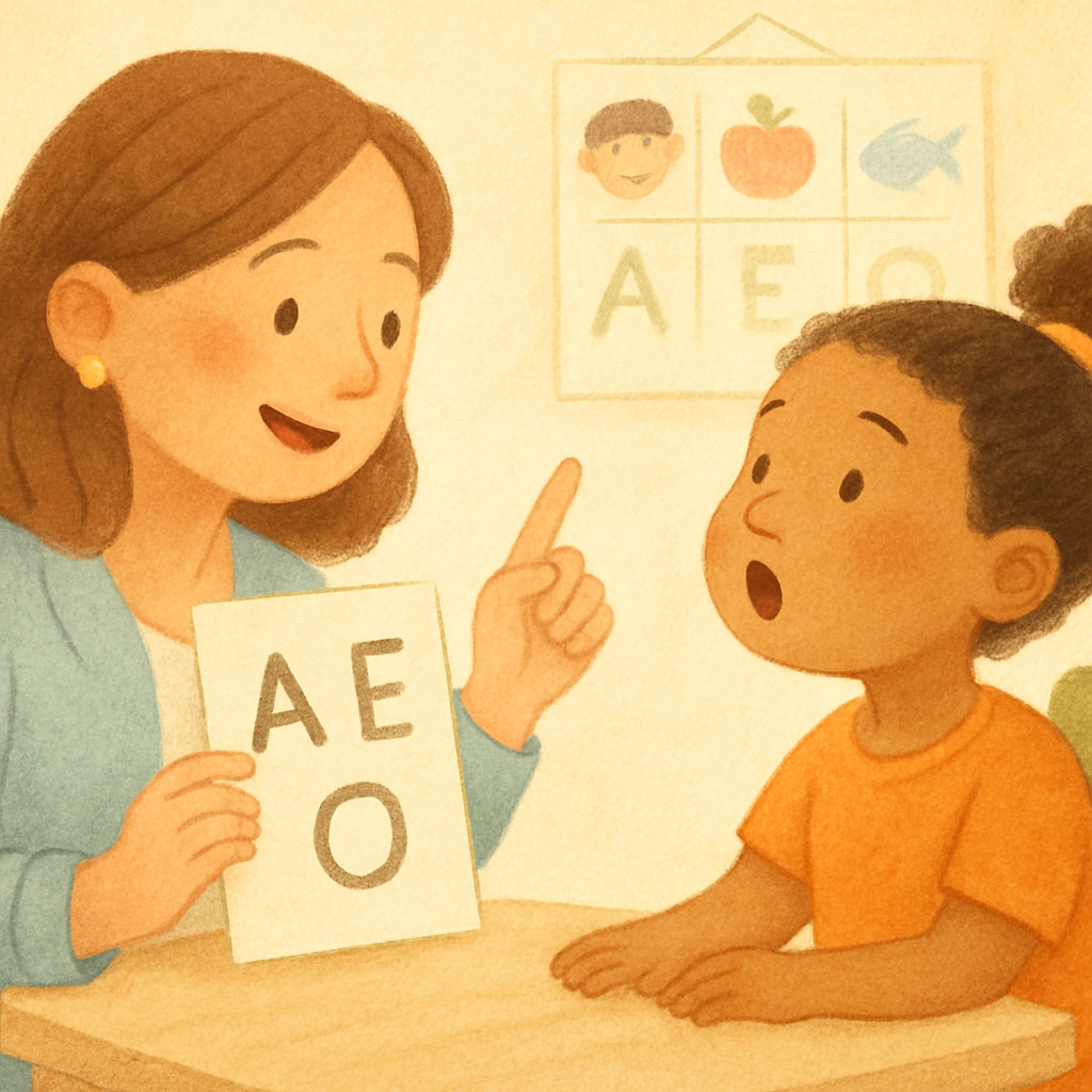 Speech therapist helping a young child practice pronunciation using flashcards in a therapy room.