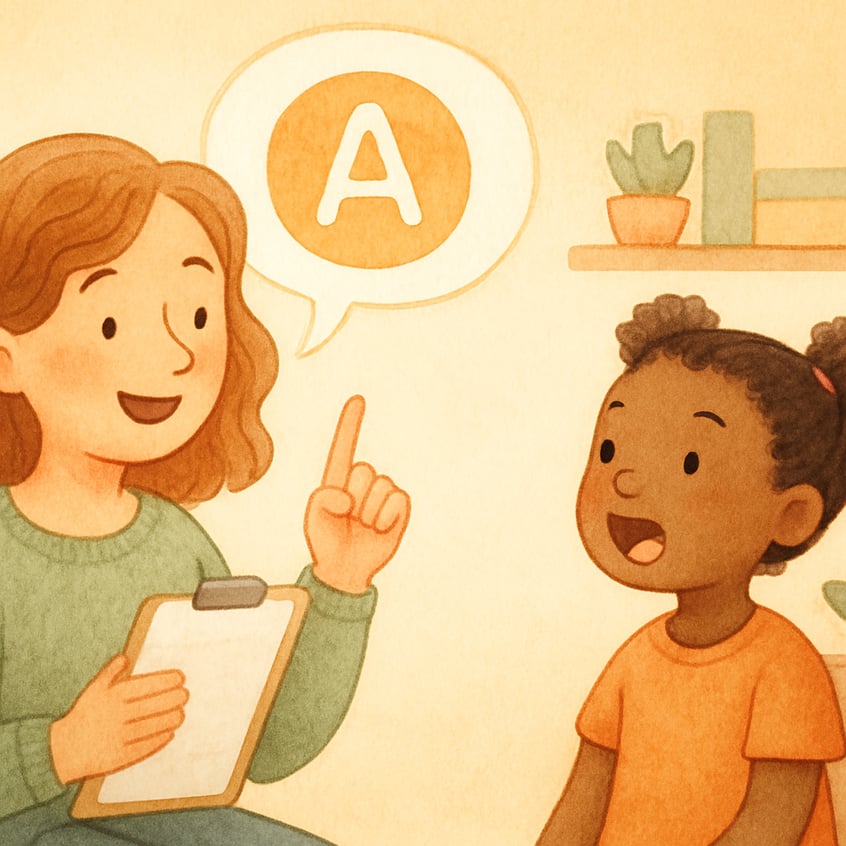 Speech therapist helping a young child practice pronunciation using flashcards in a therapy room.