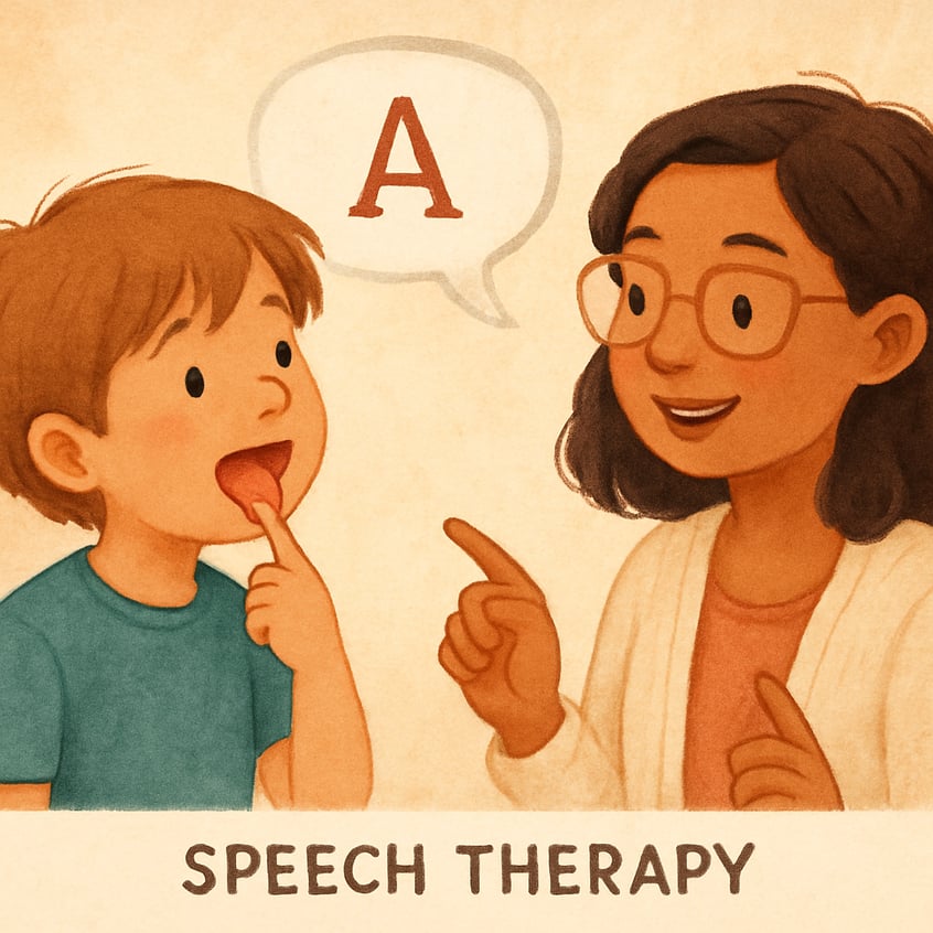 Speech-language pathologist working one-on-one with a child using picture-based speech exercises.