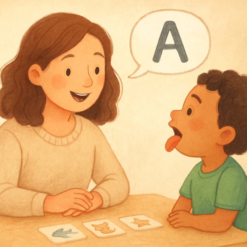 Speech therapist helping a young child practice pronunciation using flashcards in a therapy room.