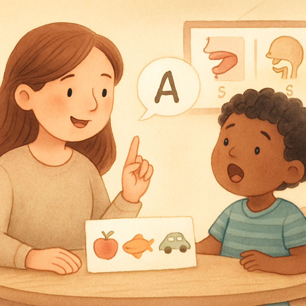 Speech therapist working with a child to practice smooth speech and fluency techniques.