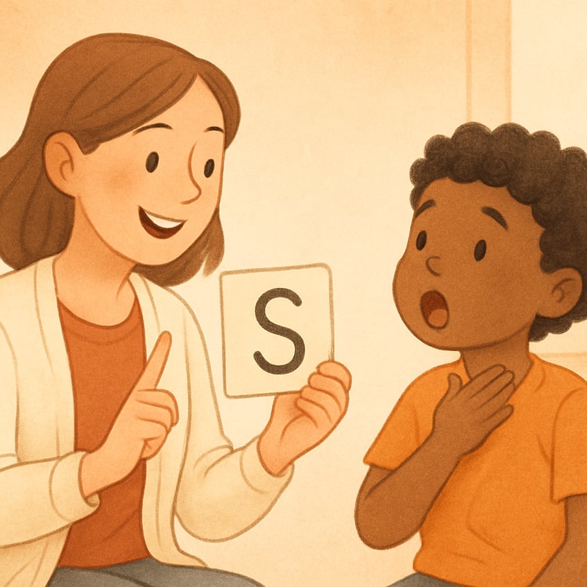 Child practicing controlled breathing as part of stuttering therapy.