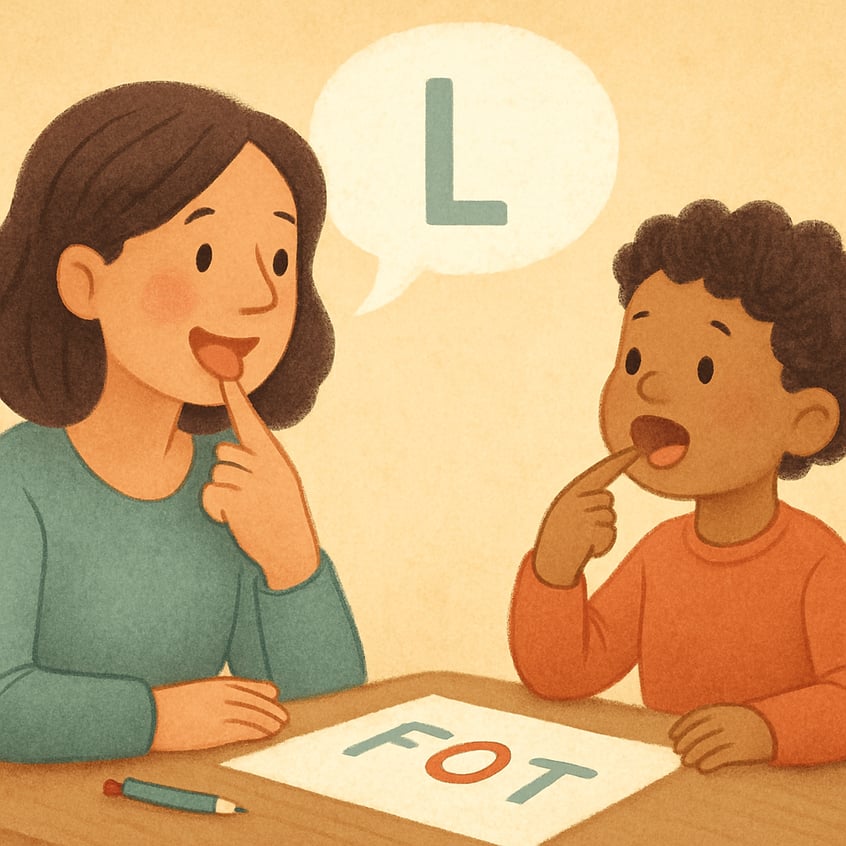 Child speaking slowly and confidently during a fluency-focused speech therapy session.