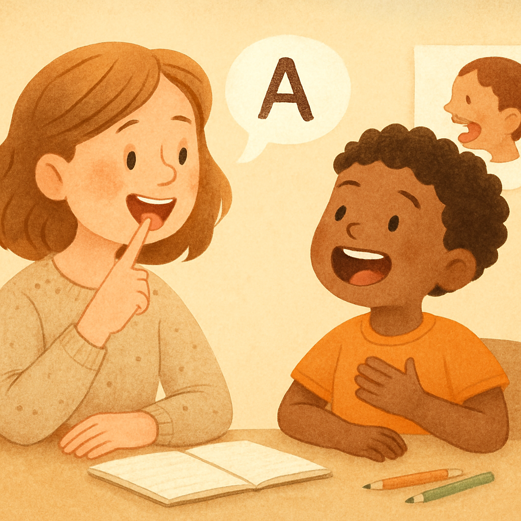 Therapist demonstrating mouth positioning to help a child pronounce difficult sounds.