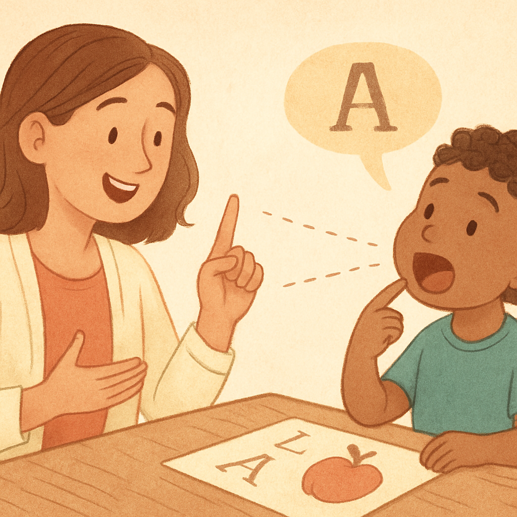 Close-up of a speech therapy worksheet with colorful images used to practice specific letter sounds.