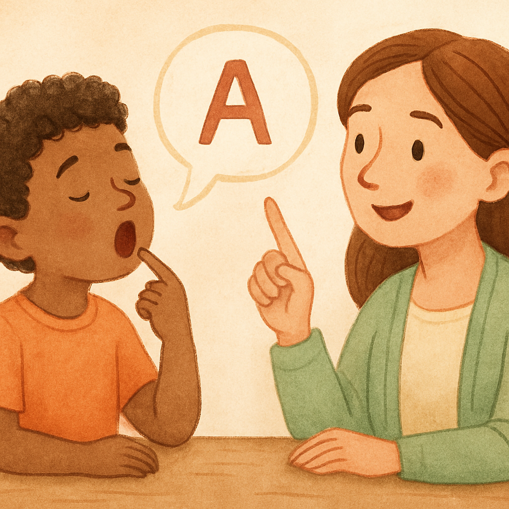 A speech-language pathologist helping a client slow down their speech during a therapy session.