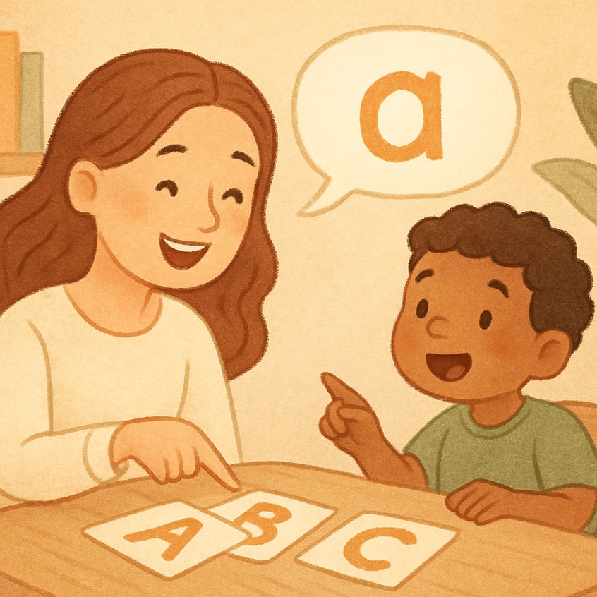 A child pointing to pictures while practicing words with a caregiver and therapist.