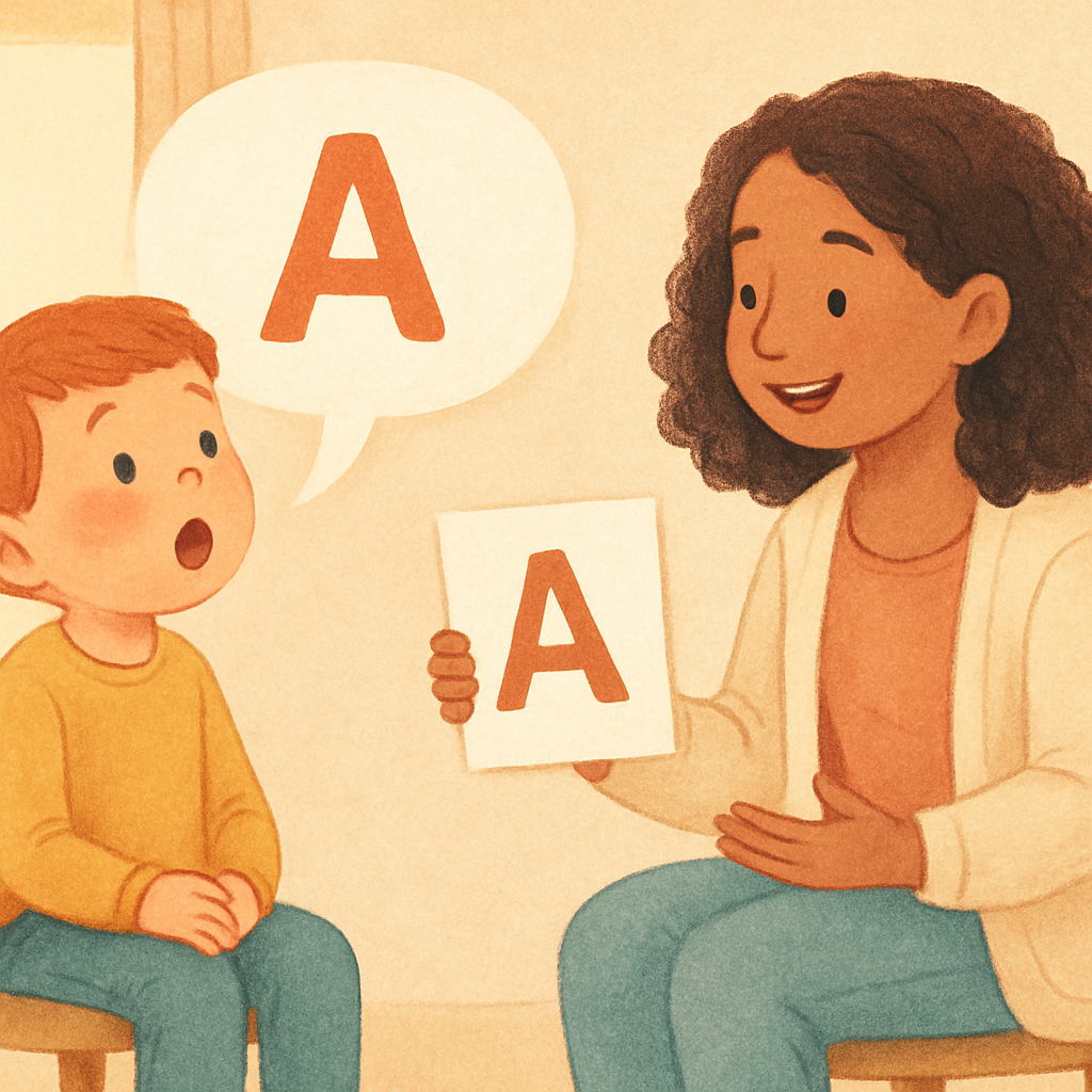 A child engaging in structured speech activities with supportive guidance.