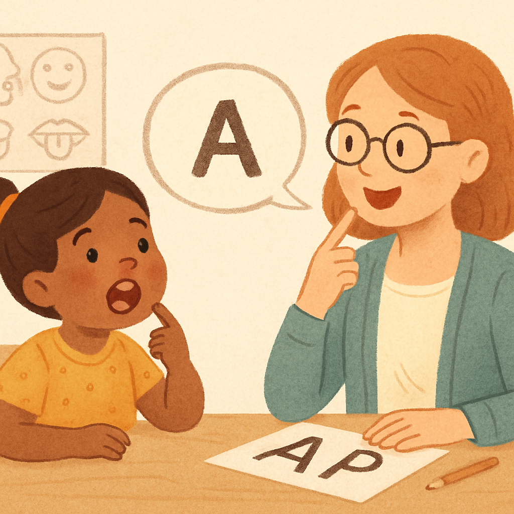 Speech therapy session focusing on mouth movements and sounds.