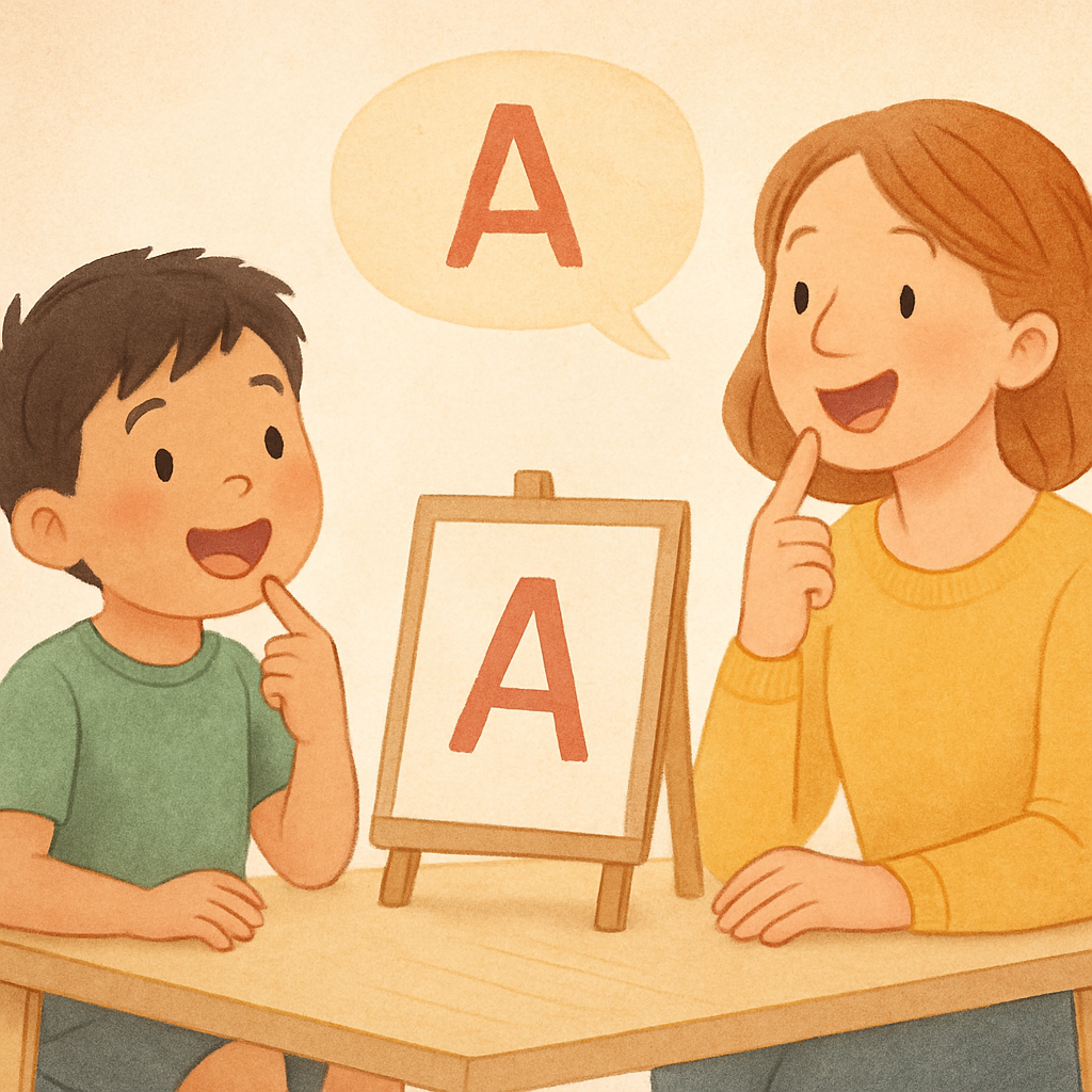 A speech therapist modeling mouth movements to help a child form sounds.