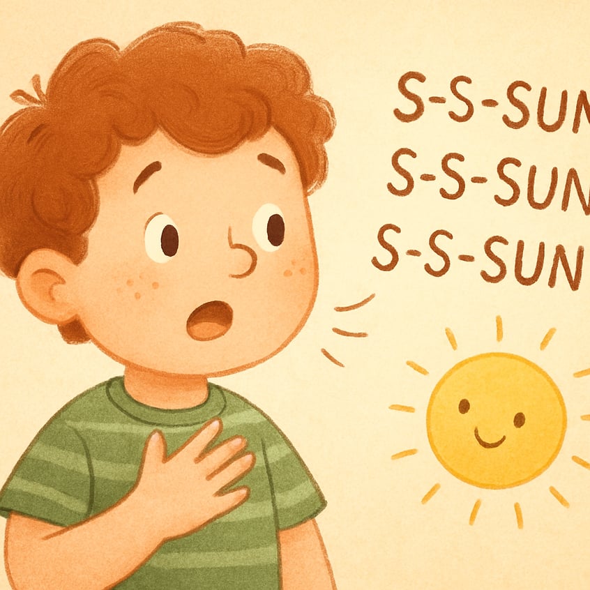 Young boy receiving encouragement from therapist during stuttering therapy.