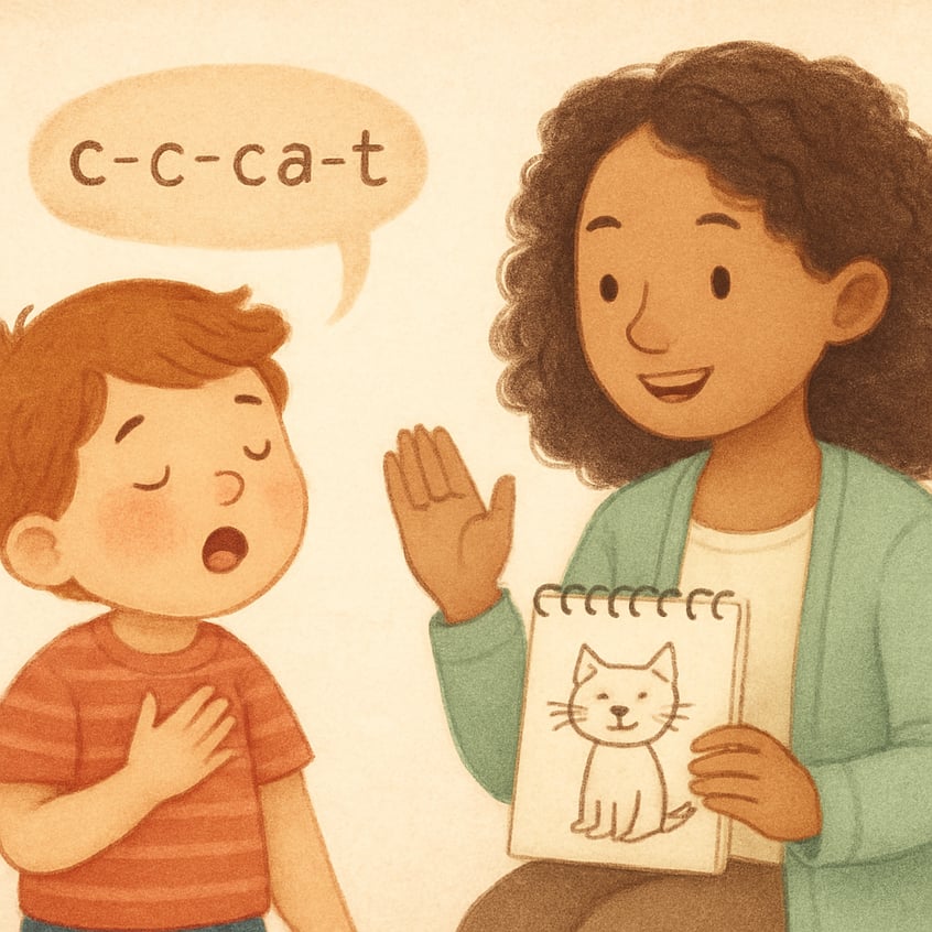 A speech therapist listening patiently as a child practices speaking.