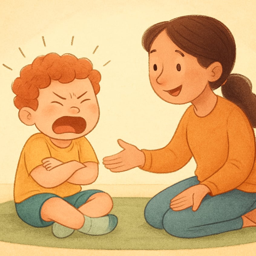 Child expressing frustration while a therapist models deep breathing techniques.