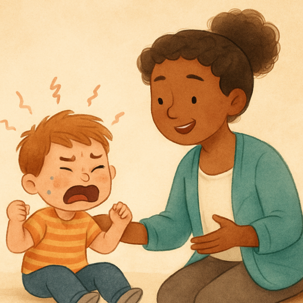 Teacher guiding a young child through calming techniques in a classroom during emotional distress.