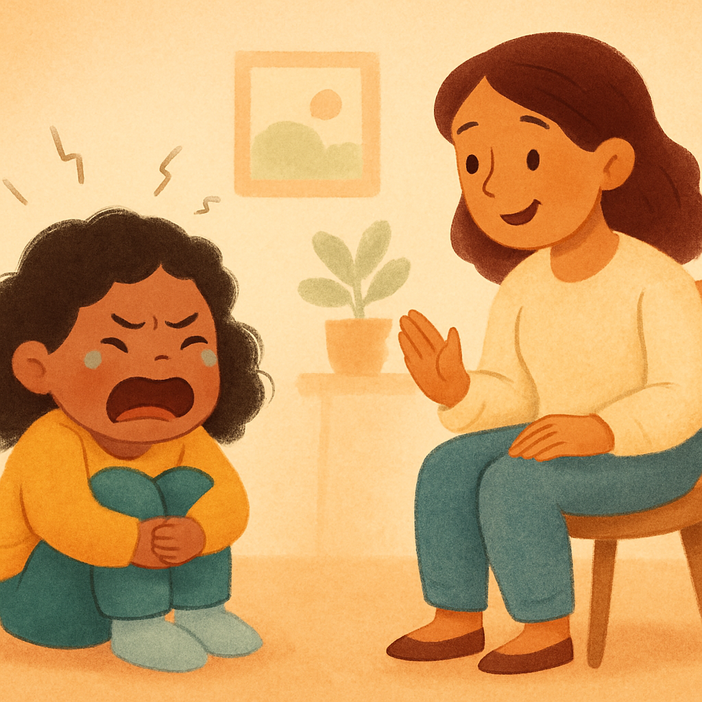 Therapist calmly helping a young child regulate emotions during a tantrum in a playroom.