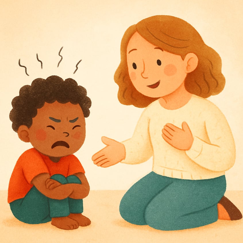 Child expressing frustration while a therapist models deep breathing techniques.