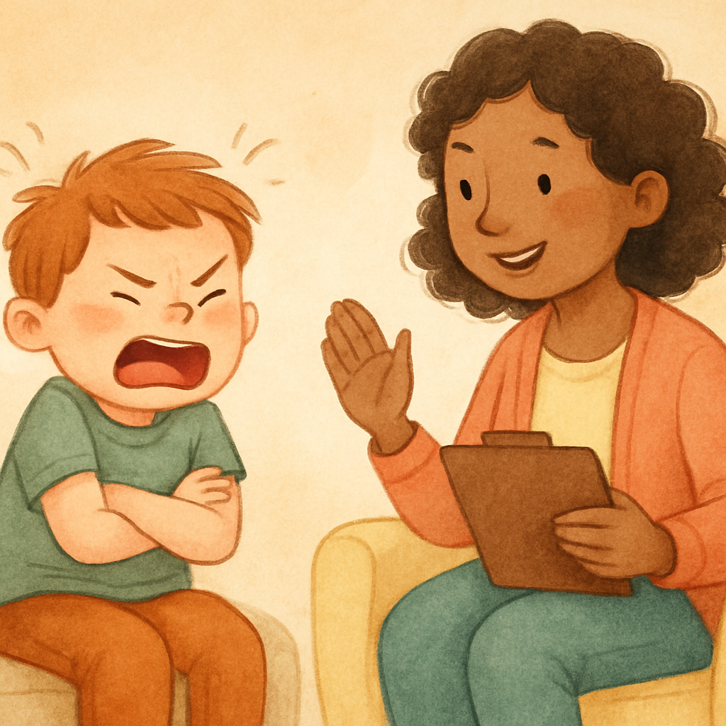 Therapist using a feelings chart to help a child identify emotions during a tantrum.