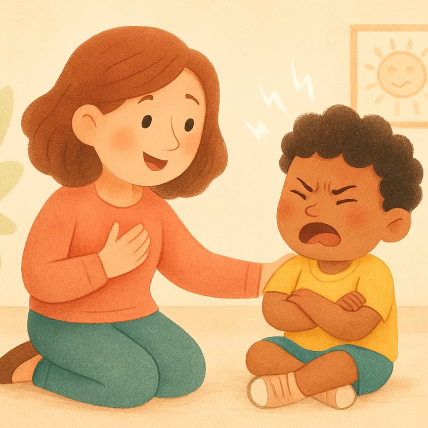 Child expressing frustration while a therapist models deep breathing techniques.