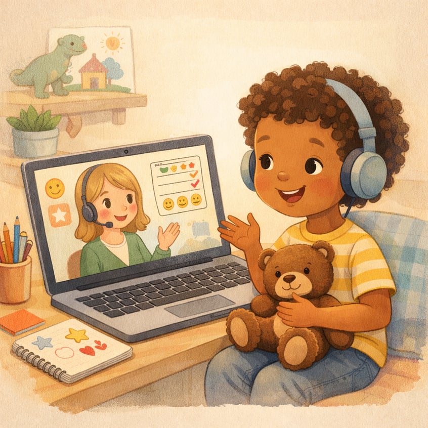 Therapist conducting a behavior therapy session through a laptop video call while a client sits at home with a notebook.