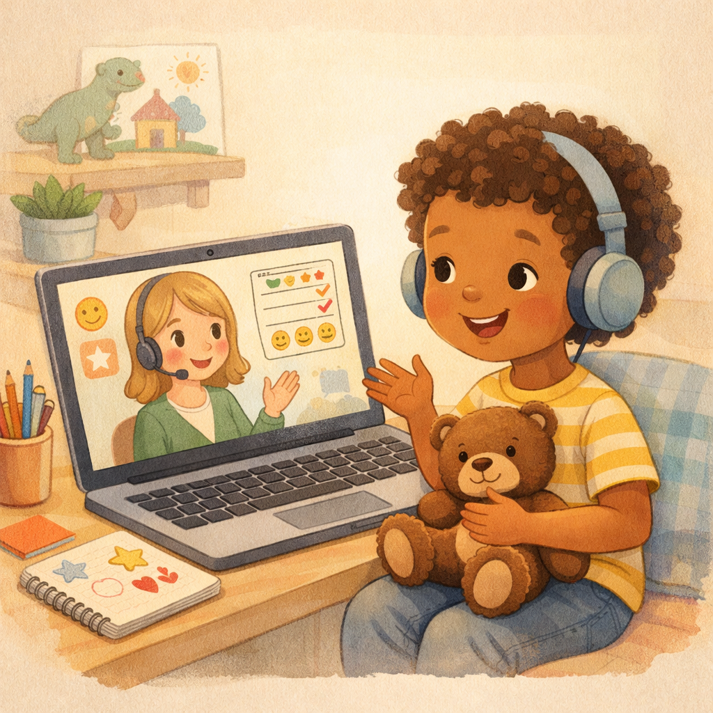 A child smiles while participating in a telehealth appointment on a laptop, with a healthcare provider visible on the screen as a parent sits nearby offering support in a comfortable home setting.