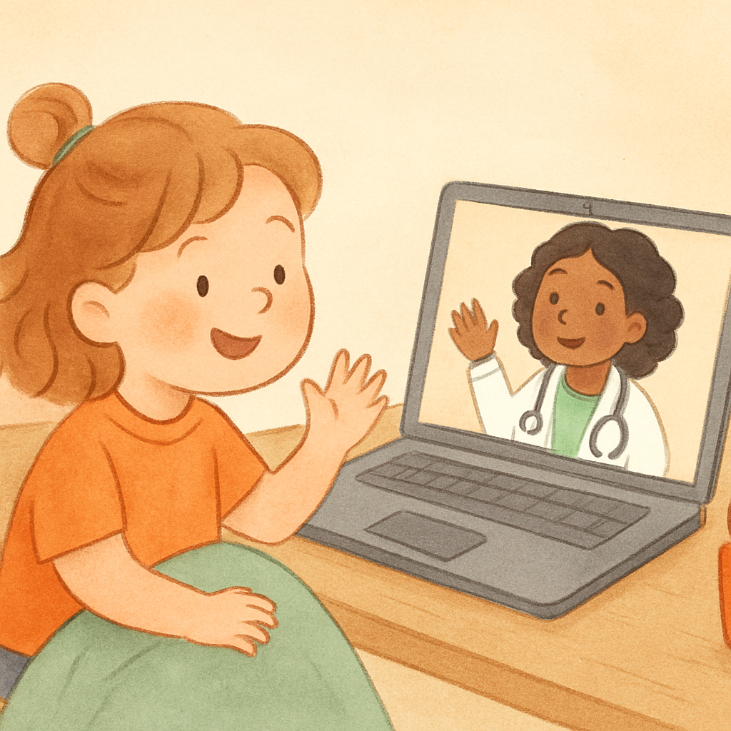 A telehealth platform interface displayed during a live video consultation.