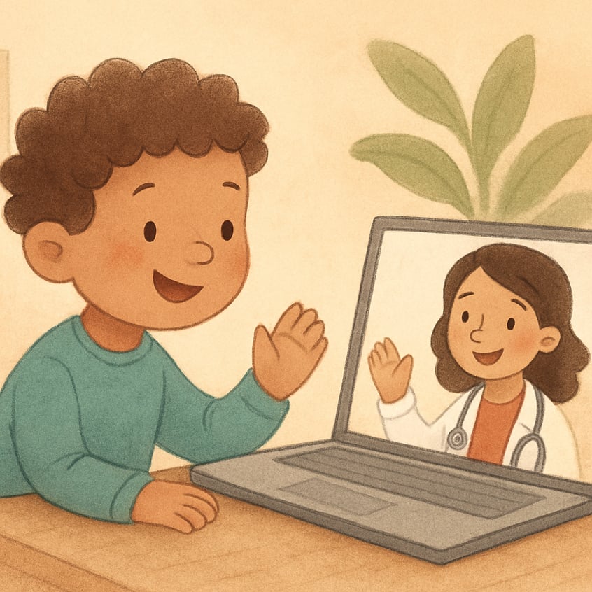 A therapist conducting a virtual session with a client on a computer screen.