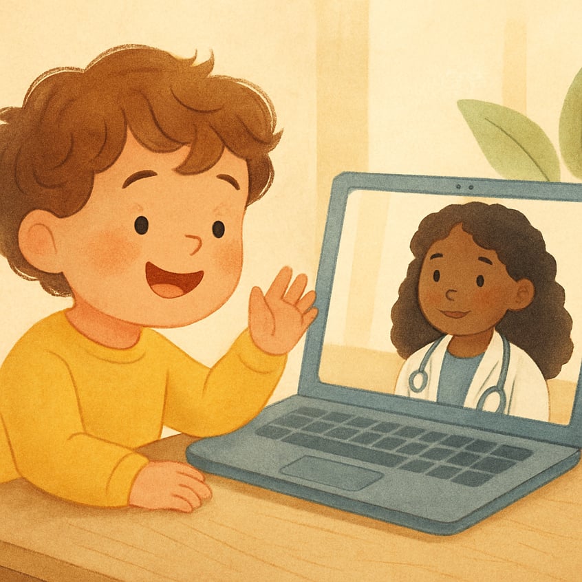 Child engaging in a virtual learning or therapy activity on a laptop.