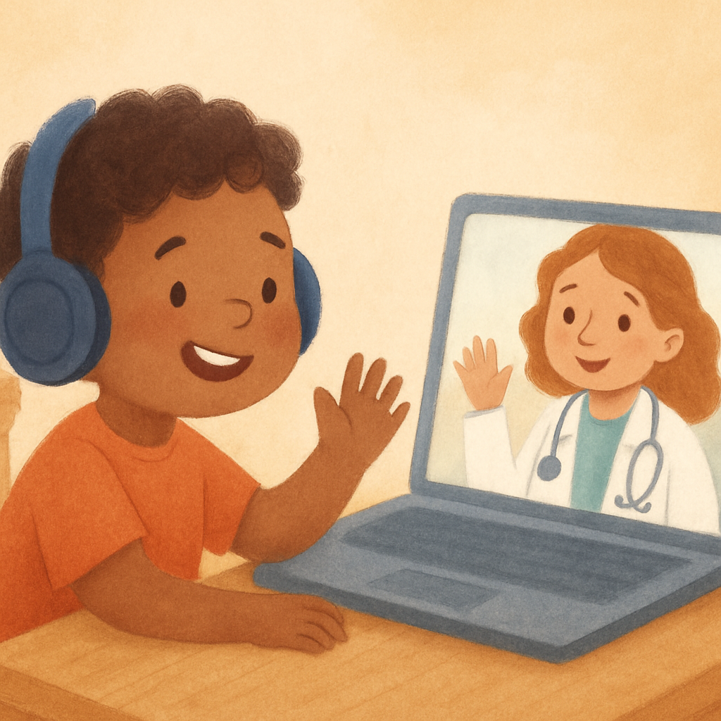 Telehealth session showing therapist and child interacting through a video platform.