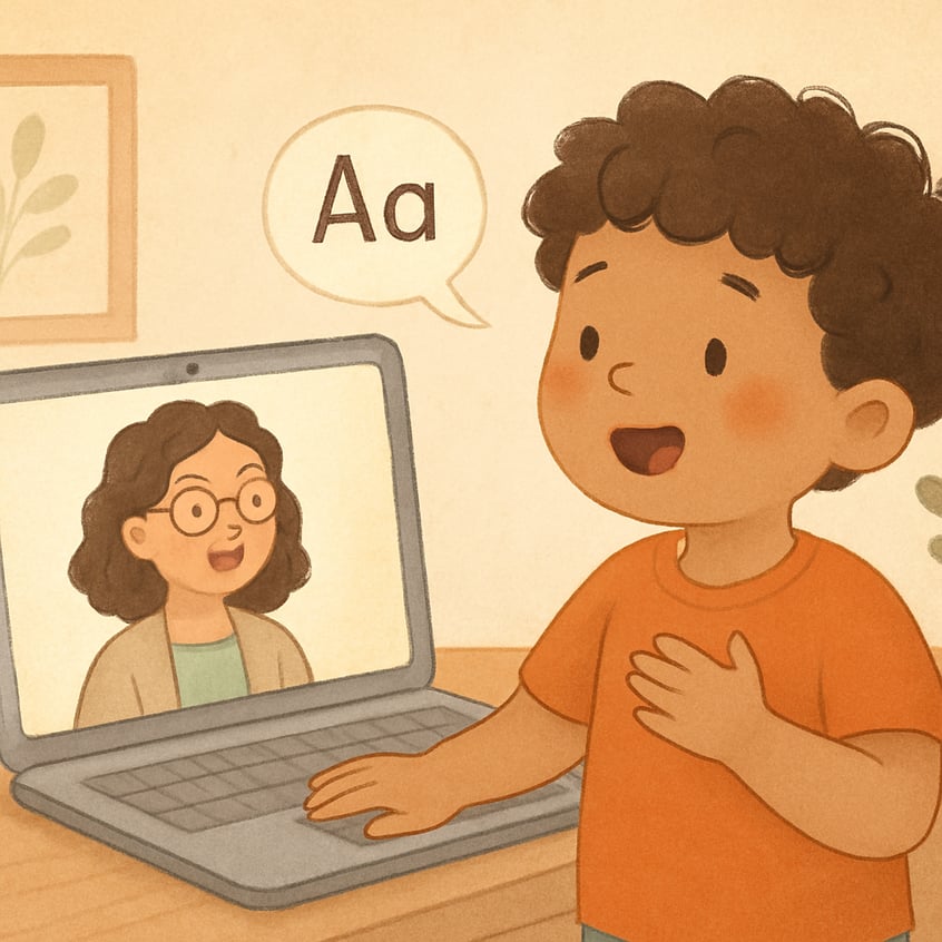 Remote speech therapy session focused on language development through video call.