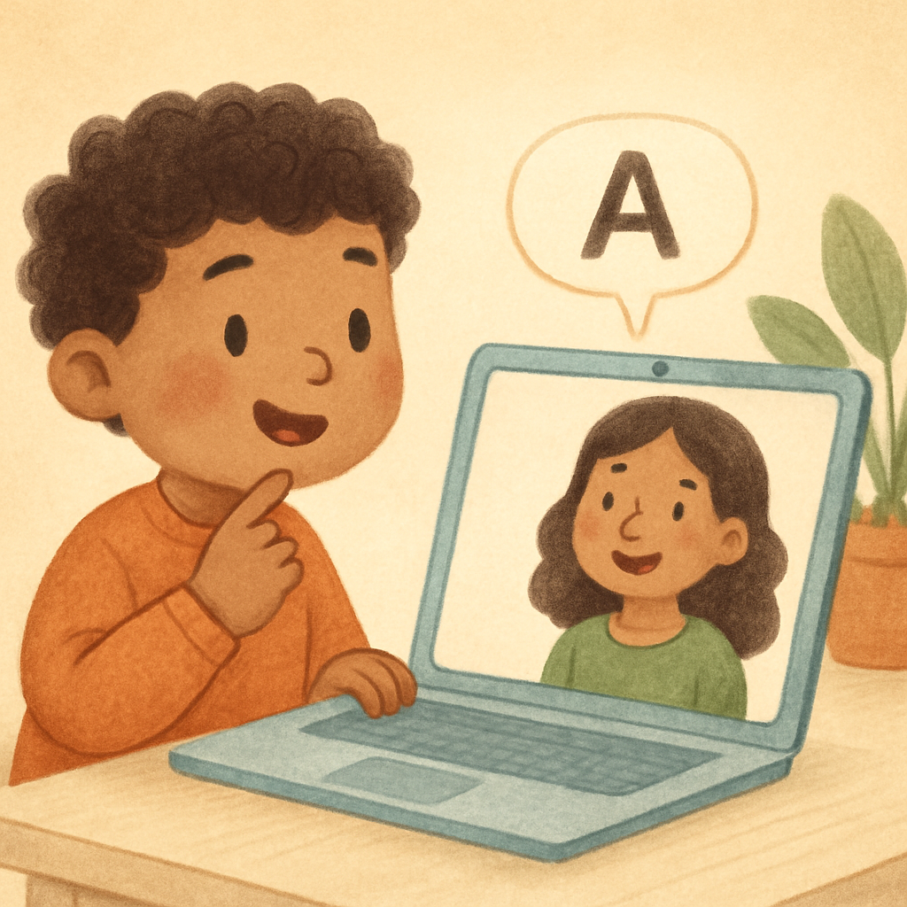 Remote speech therapy session focused on language development through video call.