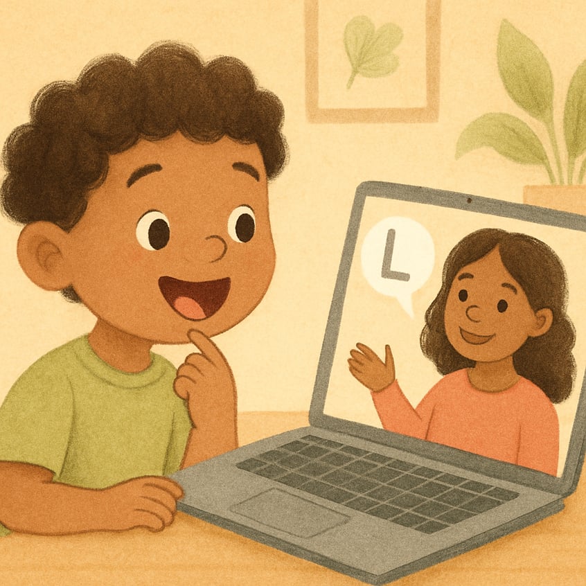 Speech-language pathologist guiding articulation exercises via video conference.