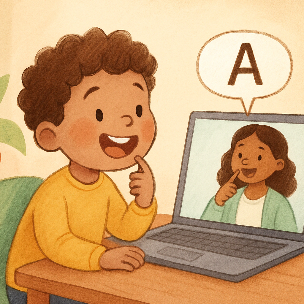 Telehealth speech therapy session shown on a laptop screen.