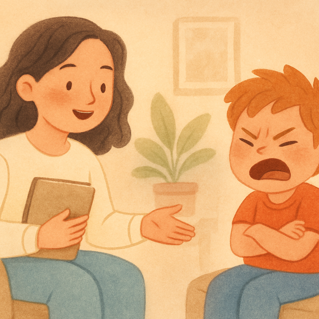 A young child crying during a therapy session as a therapist gently helps them manage strong emotions.