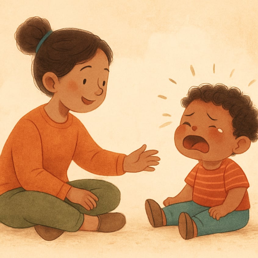 Therapist modeling soothing techniques to help a toddler regulate emotions.